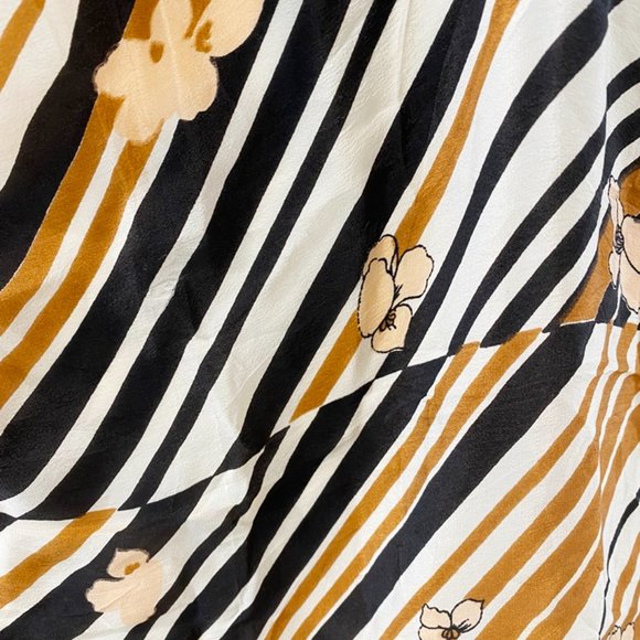Old 100% Silk Scarf Black Brown Ivory Diagonal Stripe Peach Flowers 30" Square - Picture 3 of 6